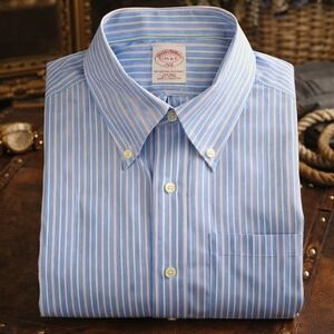 Brooks Brothers 346 Non-Iron Shirt Blue Stripe Button Down Men's XL Cotton